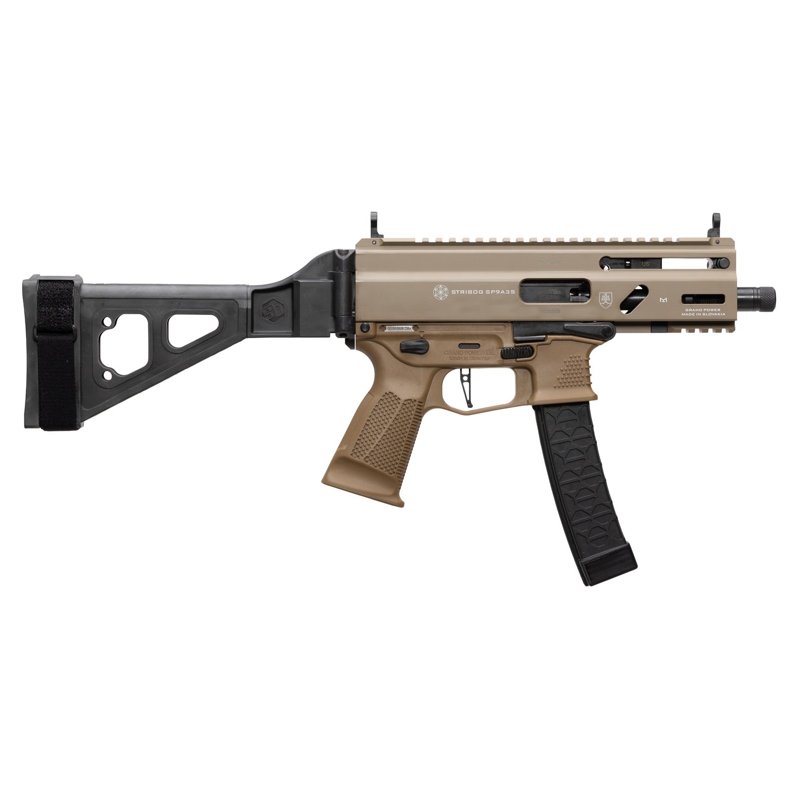 image-full-8551-c826e285ecacf2350473e55aaf03b6cf.jpg GRAND POWER STRIBOG SP9A3S 9MM PISTOL 4" BARREL THREADED RLR DELAYED STRIBOG MAG W/ BRACE FDE